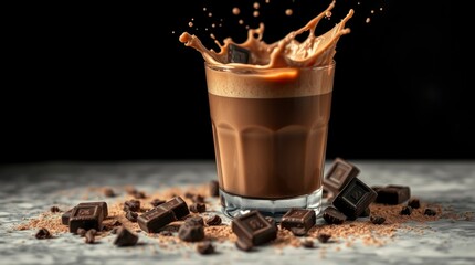 Iced coffee splash with ice cubes and beans against grey concrete
