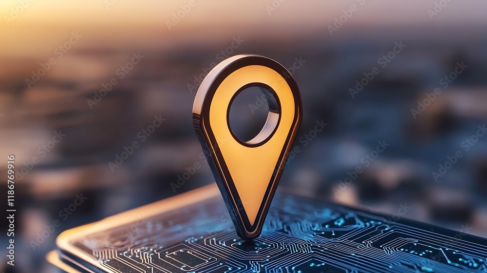 Poster close-up of intricate digital circuit patterns with a location pin symbolizing technology and connec