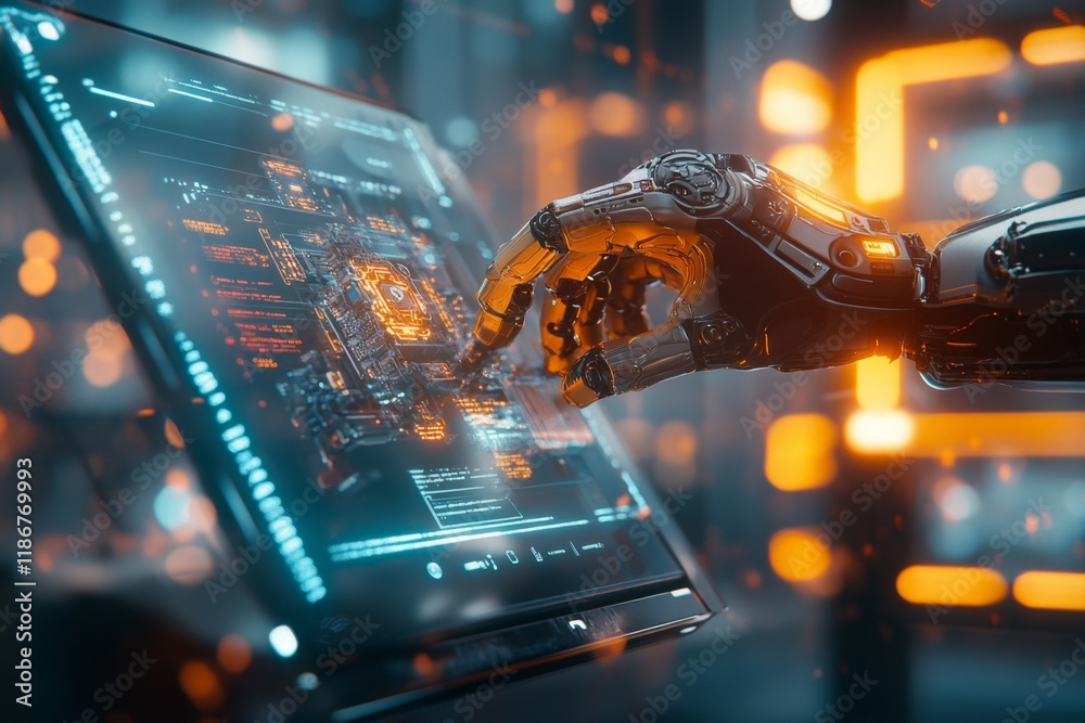 Aufkleber A futuristic 3D illustration of a robotic arm assembling computer parts, surrounded by holographic screens displaying live updates