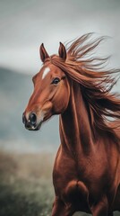 Chestnut horse running free in nature with long mane blowing in the wind, creating a sense of freedom and power