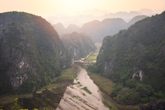 Aerial view to river and krast hills in Ning Binh, Vietnam
