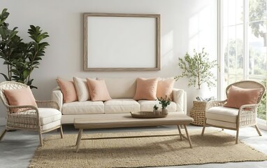 Fototapeta premium Coastal living room mock-up, sunlit interior, relaxing space, frame for design