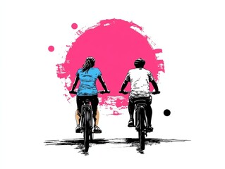 A couple riding bicycles together, romantic activity, handdrawn sketch style, light blue and pink tones, isolated on white background
