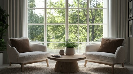 Two armchairs face a coffee table in a sunlit room with large windows overlooking a garden.