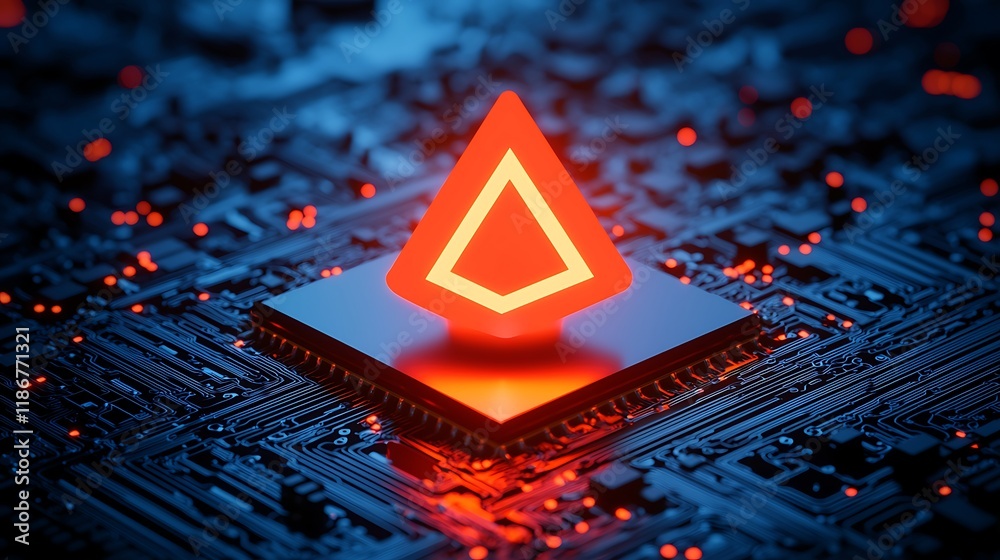 Poster abstract representation of digital circuit patterns with flowing red light emitting symbol on a dark