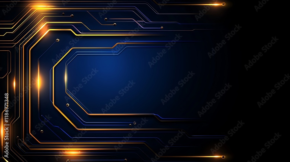 Poster abstract digital circuit patterns with flowing lines and glowing lights on a dark background for tec