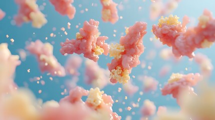 Abstract pink and yellow 3D shapes floating.