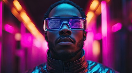 A young man wearing futuristic glasses stands in a neon-lit corridor.