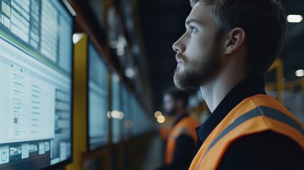 Warehouse Monitoring: A focused young warehouse worker intently monitors a bank of computer screens, showcasing diligent data analysis and efficient logistics management in a modern warehouse setting.