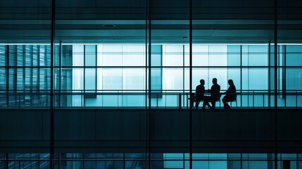 Silhouetted businesspeople meeting in modern office building.