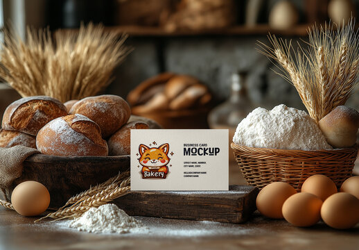 Business Card Mockup &ndash; Rustic Bakery Scene for Artisan Branding and Organic Product Presentation