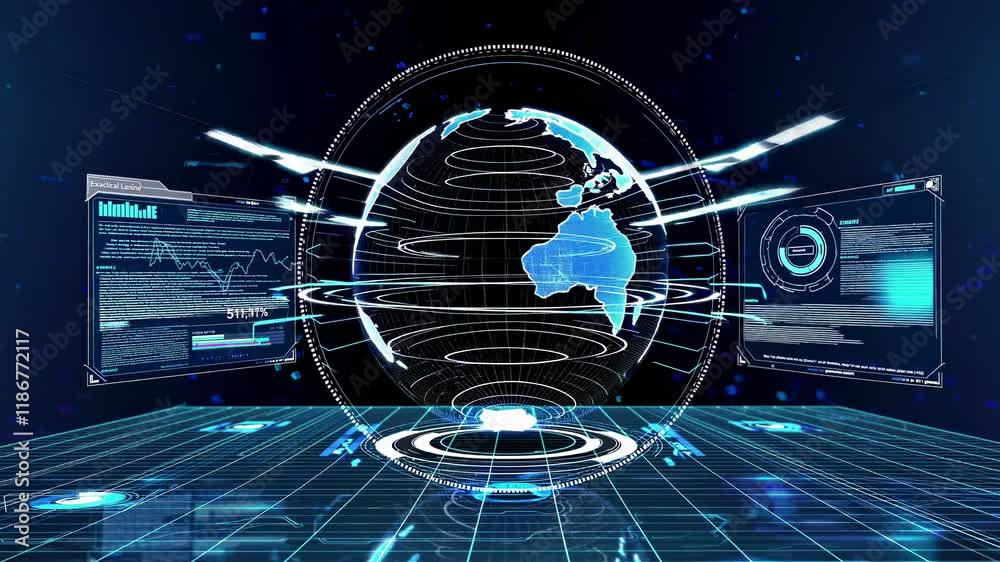 Poster exploring advanced 3d technology showcasing a digital globe with interactive data elements