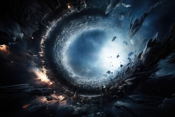 Fractured Universe: Cinematic Sci-Fi Image Featuring Gigantic Megastructure at a Collapsing Black Hole's Event Horizon, Opening a Wormhole Portal to Another Galaxy