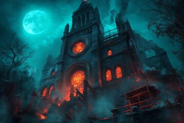 Obraz premium A gothic-style construction site with ancient ruins being reconstructed, surrounded by shadowy figures and a glowing, eerie moon