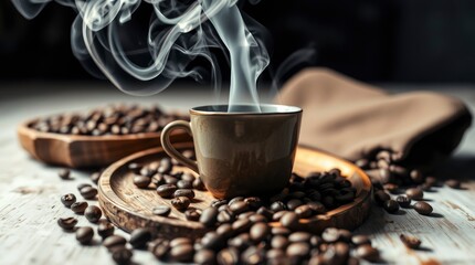 Cup of coffee on wooden table with cinnamon
