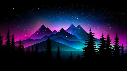 Fototapeta premium Ethereal Neon Landscape Featuring Flowing Gradients of Colors with Majestic Mountains and Pine Trees Under a Starry Sky