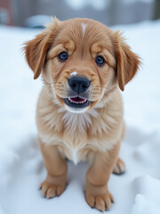 Adorable Hungry Puppy Looks Up At The Camera While Playing In The Snow Outside. 00003