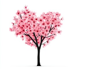 Fototapeta premium A heartshaped tree with blooming flowers, romantic nature scene, surreal illustration, pastel hues, isolated on white background