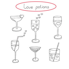 Love cocktails with Hearts Doodles Set, Vector Illustration Hand Drawing