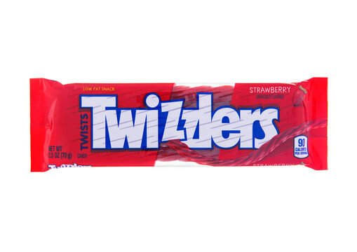 LONDON, UK - NOVEMBER 15, 2024: Twizzlers licorice-type chewy fruity candy on white background.