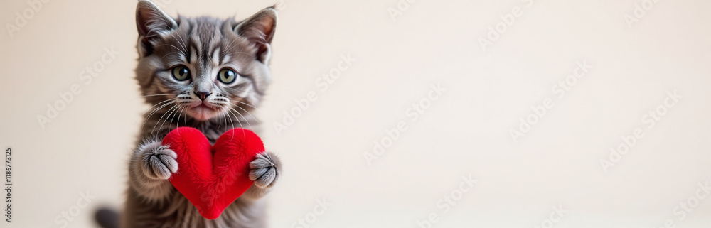 Aufkleber Adorable Gray Kitten Holds A Red Fluffy Heart Banner, Creating Space For A Message Or Design In The Foreground. 00001