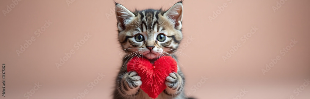 Poster Adorable Gray Kitten Holds A Red Fluffy Heart Banner, Creating Space For A Message Or Design In The Foreground. 00003