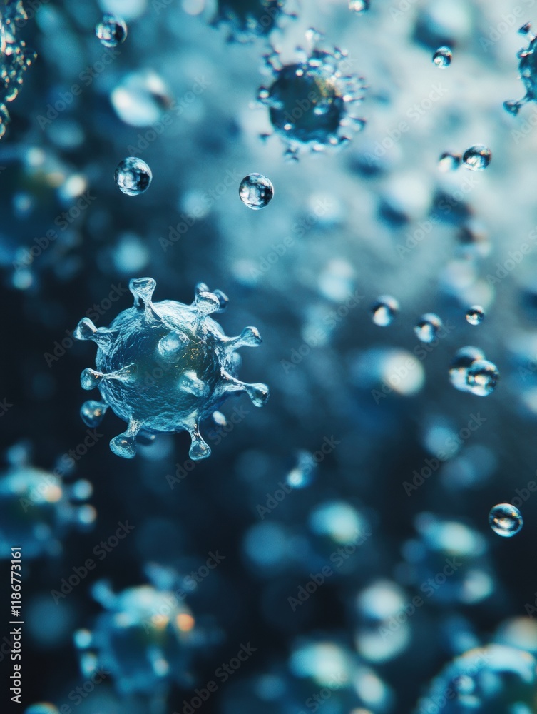 Aufkleber Microbial activity captured in droplets showcases viruses suspended in water. Generative AI