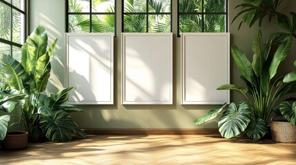 Three blank frames on green wall, surrounded by lush tropical plants in sunlit room.