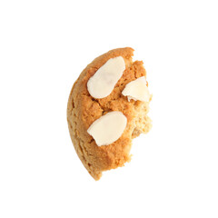 Piece of tasty cookie with almond flakes isolated on white