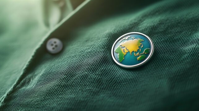 a round pin in the shape of the Earth on a green velvet shirt, ecology concept