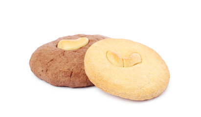 Different tasty cashew cookies isolated on white