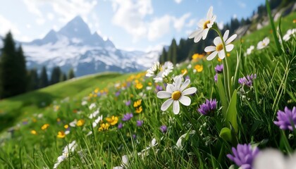 Scenic alpine meadow with wildflowers and snow-capped mountain.