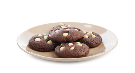 Tasty chocolate cookies with hazelnuts isolated on white