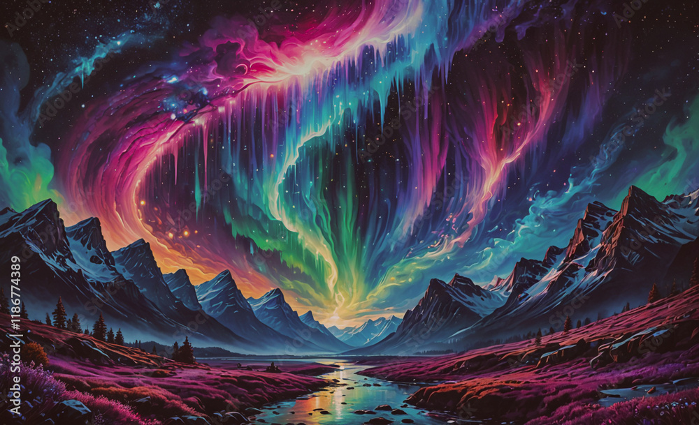 Poster colorful aurora with mountains in the background. the sky is filled with stars and the aurora is bri
