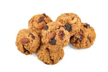 Delicious oatmeal cookies with dried cranberries and nuts isolated on white, top view