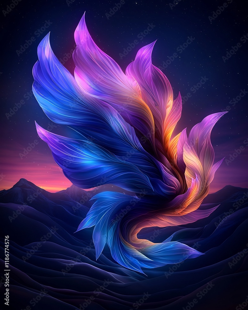 Poster spellbinding iridescent abstract design featuring fluid coalescing forms that create a hypnotic kale