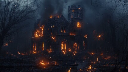 Burning ancient stone castle engulfed in flames at night in dark forest.
