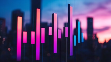 Obraz premium Stunning Futuristic City Skyline at Dusk with Sleek Glass Buildings and Colorful Lights Against a Vibrant Sky Perfect for Urban and Technology Themes
