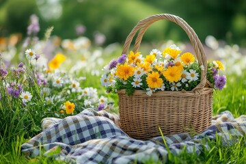 A vibrant Easter basket filled with colorful flowers sits on a checkered blanket, surrounded by a lush field of blooming daisies and wildflowers. Perfect for Easter!