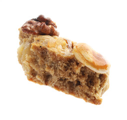 Piece of tasty cookie with nuts isolated on white