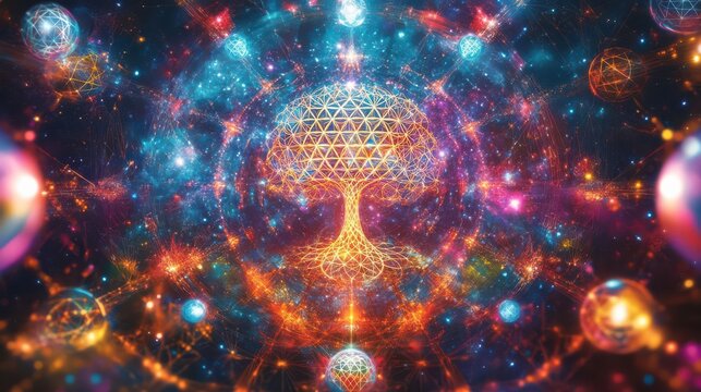 Immerse in a cosmic realm with a dazzling Kabbalah Tree of Life, holographic orbs, and radiant geometric patterns