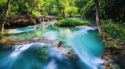 Fototapeta premium A Stream of Water Flowing Through a Lush Green Forest - Generative AI