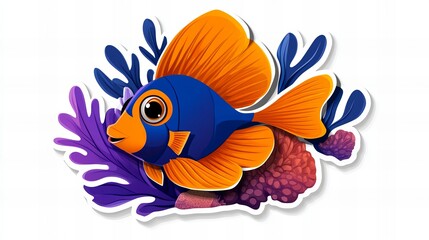 Vibrant blue and orange fish swimming amidst purple and red coral.  A whimsical underwater scene.