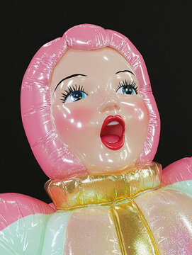 Close up of shiny inflatable doll with pink hair and bright blue eyes, expressing surprise. glossy surface reflects light, creating vibrant and playful appearance