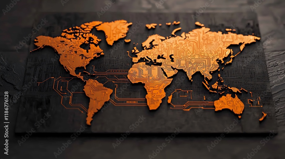 Poster futuristic holographic interface displaying a world map with intricate circuit patterns and orange a
