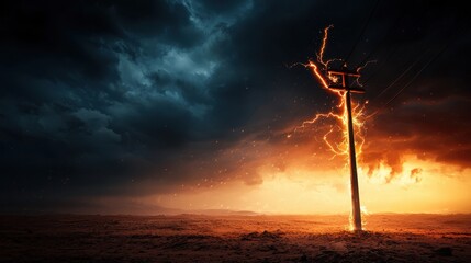 Obraz premium Sparking electricity pole stormy landscape image capture natural disasters hurricane impacts