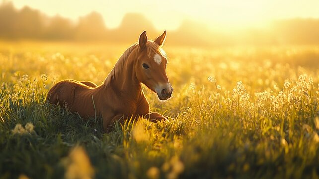 Golden foal resting in sunset meadow.