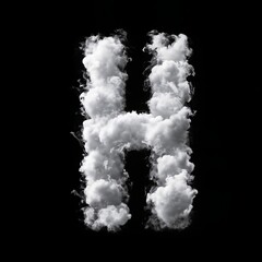 The letter H made of puffy white clouds against a black background, has a soft, airy look, resembling real clouds. The bold contrast creates a whimsical, sky-inspired typography design.