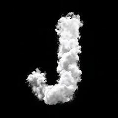 The letter J made of puffy white clouds against a black background, has a soft, airy look, resembling real clouds. The bold contrast creates a whimsical, sky-inspired typography design.