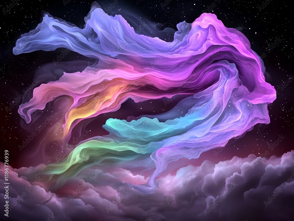 Poster mesmerizing abstract featuring vibrant fluid iridescent shapes in a hypnotizing luminous celestial c